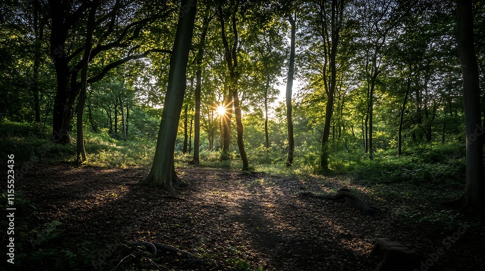 Poster sunset in dense forest with sunlight streaming through tall trees : generative ai