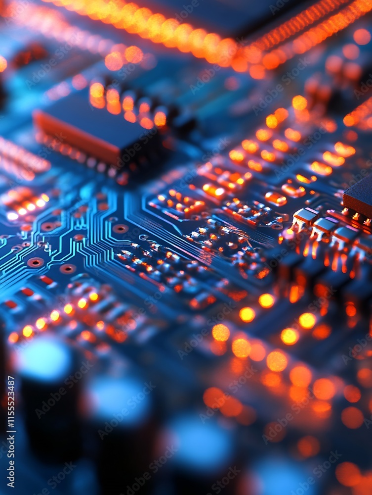 Fototapete illuminated circuit board closeup with glowing red microchips and lines : generative ai