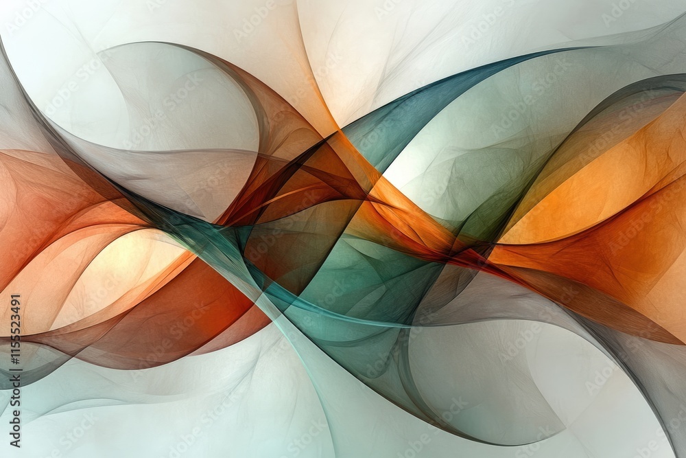 Poster abstract art featuring flowing, translucent teal, orange, and brown forms creating a dynamic and ele