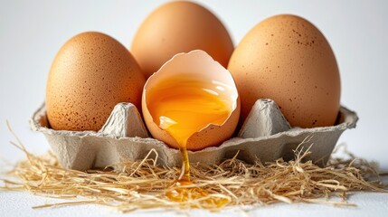Broken egg yolk spilling from carton.