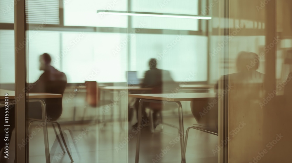 Poster People are focused on their tasks in a modern office setting with chairs and desks arranged for collaboration. Soft light filters through the windows, creating a serene atmosphere
