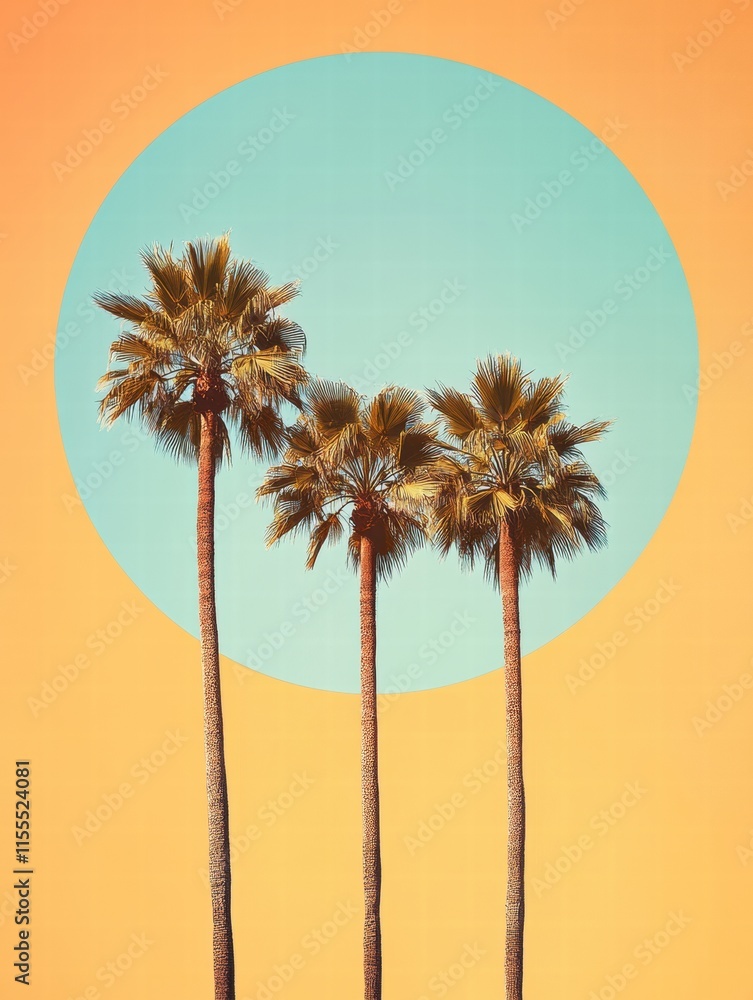 Aufkleber palm trees silhouetted against a soft pastel orange and blue gradient background with a tranquil sun