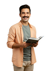 Smiling Man with Mustache Holding Open Book in Casual Attire On Transparent Background