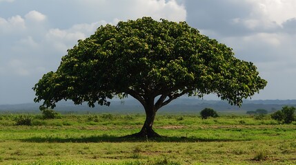 Obraz premium Majestic sprawling tree with dense green canopy on rural open field under dramatic sky : Generative AI