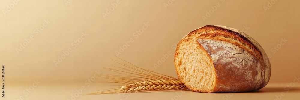 Poster minimalist bread loaf with wheat grains displayed on a neutral background for creative design and te