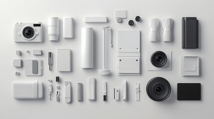 A flat lay of various white tech gadgets and accessories arranged neatly.