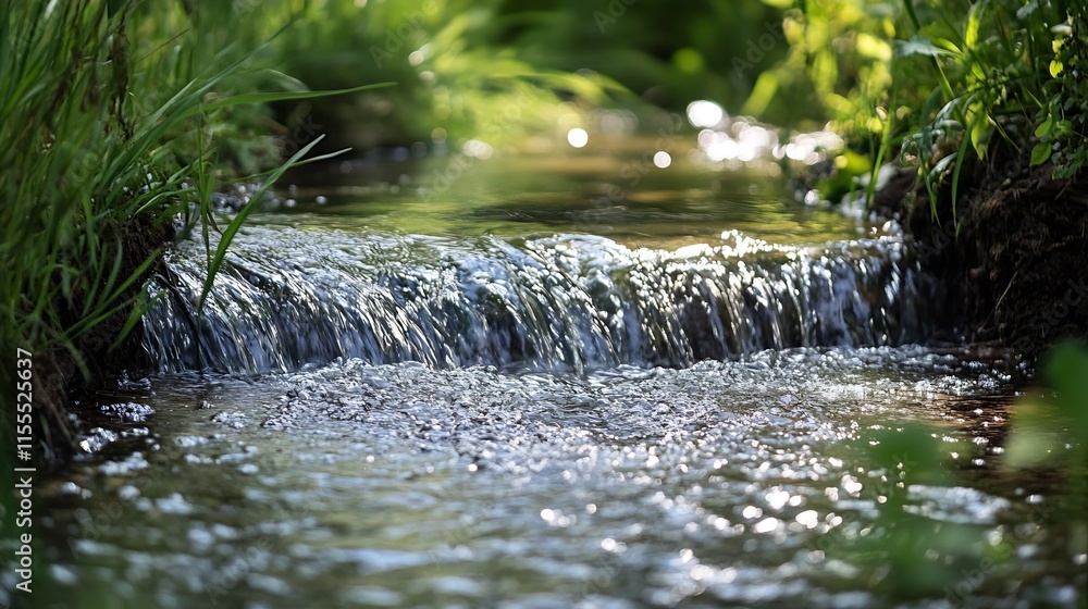 Poster peaceful stream cascading through greenery in sundappled woodland : generative ai