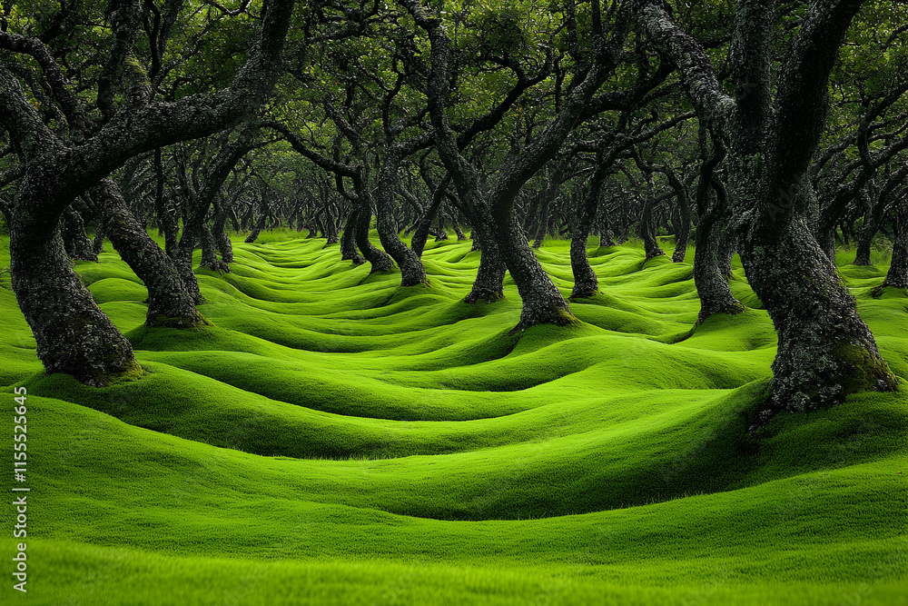 Poster enchanting forest scene with moss-covered hills and uniquely shaped trees, creating a surreal and pe