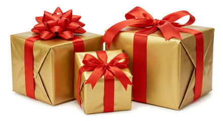Obraz premium Three gold gift boxes with red ribbons.