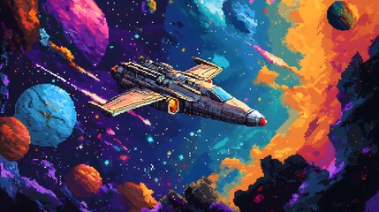 Naklejka premium Vibrant Pixel Art Spaceship Flying Through Colorful Planetary Landscape with Stars and Gas Clouds in a Retro Sci-Fi Style