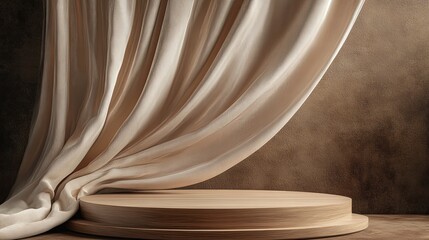 3D podium, brown background with wooden frame and curtain made of flying silk fabric. Natural wind. products.