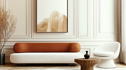 Minimalist interior design of modern living room. Vibrant and accent red and white sofa and white modern armchair.