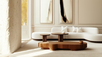 Round wooden coffee table, white stylish sofa, accent stone wall, modern abstract art. Minimalist luxury interior design of modern living room. 