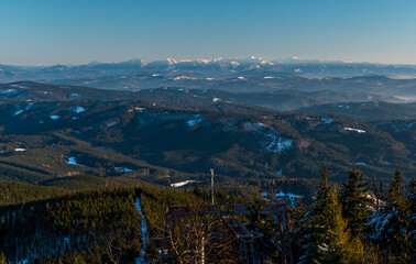 Mala Fatra mountains from Lysa hora hill in early winter Moravskoslezske Beskydy mountains in Czech...
