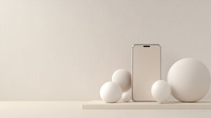 Three white eggs and a smartphone on table, modern still life of breakfast communication