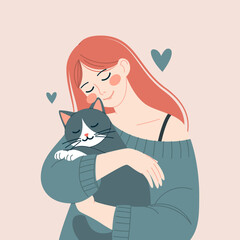 Simple Illustration Scene of a Woman Hugging Her Lovely Cat Showcasing Affection in Warm Soft Colors
