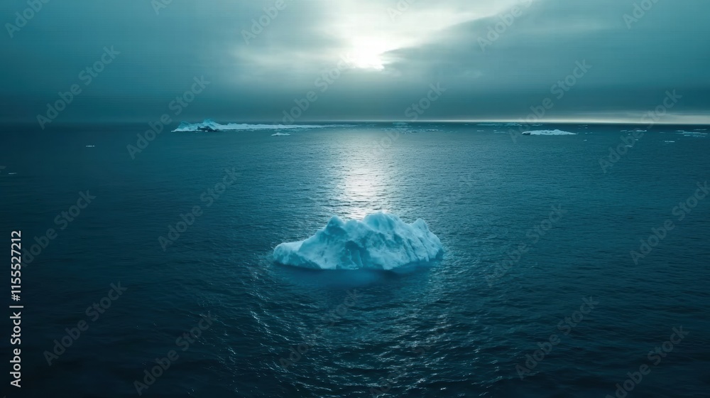 Aufkleber melting iceberg floats serenely in expansive blue ocean under a moody sky at twilight. generative ai