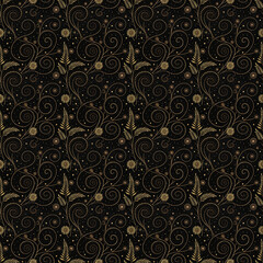 Seamless pattern with elegant gold swirls and floral elements on a black background for luxurious design