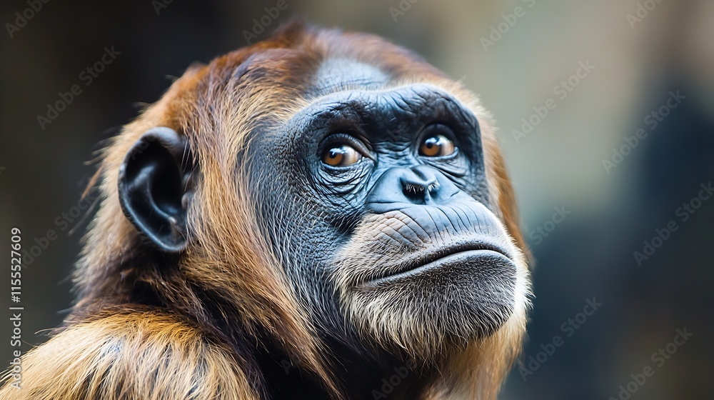 Poster portrait of a thoughtful chimpanzee expressing emotion in natural habitat : generative ai