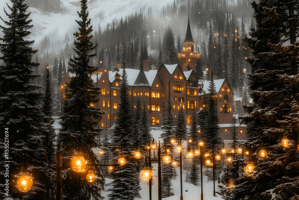 Poster enchanting winter scene of a fairytale castle nestled in a snowy forest, illuminated by warm string 