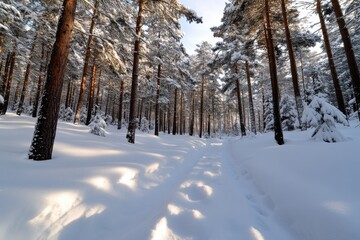 A mesmerizing snow-covered forest scene illuminated by soft, natural light, creating a serene yet enchanting atmosphere ideal for peaceful reflection and tranquility.