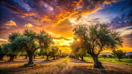 Fototapeta premium Olive Grove Silhouette Photography: Sunset, Trees, Branches, Landscape, Mediterranean, Italy, Spain, Greece, Farming, Agriculture, Dusk, Shadow,
