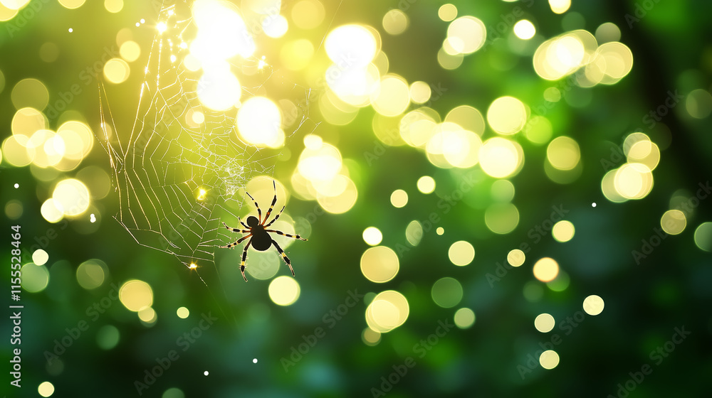 Poster spider weaves intricate web illuminated by soft sunlight in a lush green environment
