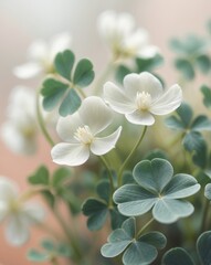 Fototapeta premium Closeup of Delicate White Flowers and Lush Green Clover