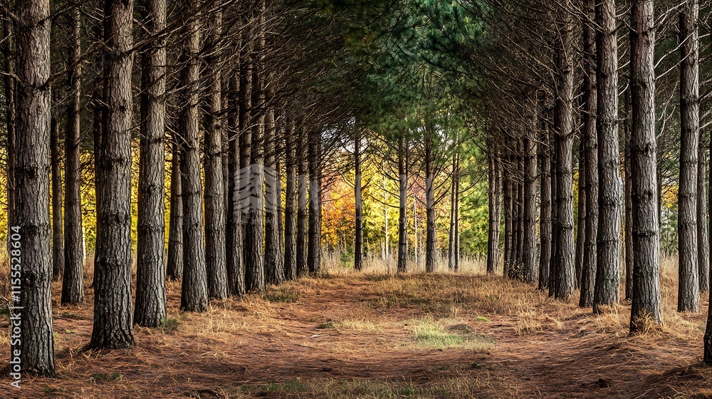 Poster tranquil sunlit pine tree forest with bright autumn colors : generative ai