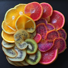 Colorful citrus and kiwi fruit slices arranged in a circular pattern.