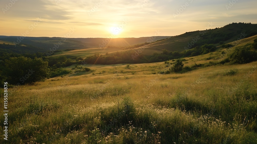Poster sunset overrolling hills and fields creating a peaceful and picturesque rural scene : generative ai