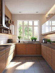Contemporary Scandinavian Style Kitchen with Wooden Cabinets and Large Window for Natural Light : Generative AI