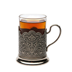 A glass of tea in a silver cup holder isolated on transparent background png