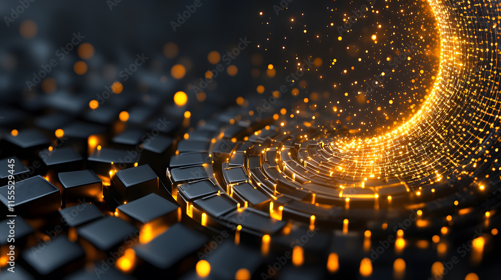 Poster Abstract glowing particles swirl on a dark patterned surface, creating a digital atmosphere