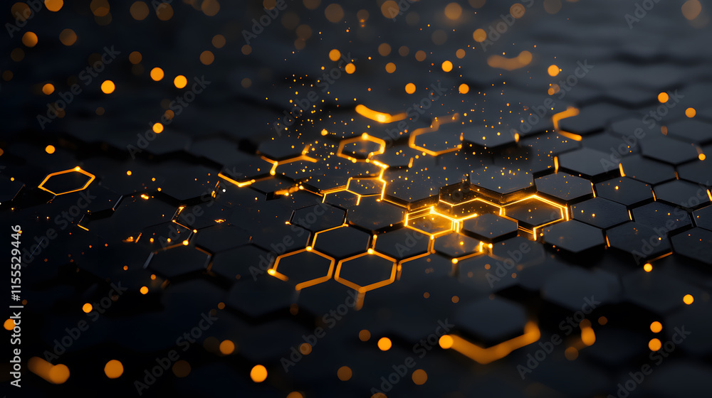 Poster Abstract hexagonal pattern with glowing golden elements on dark background