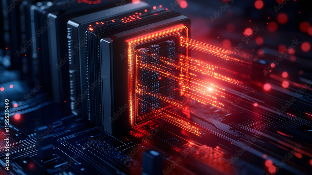 Poster High-tech circuit board with glowing data transmission effects in a digital environment