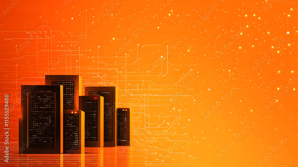 Poster digital city skyline with abstract patterns against an orange background