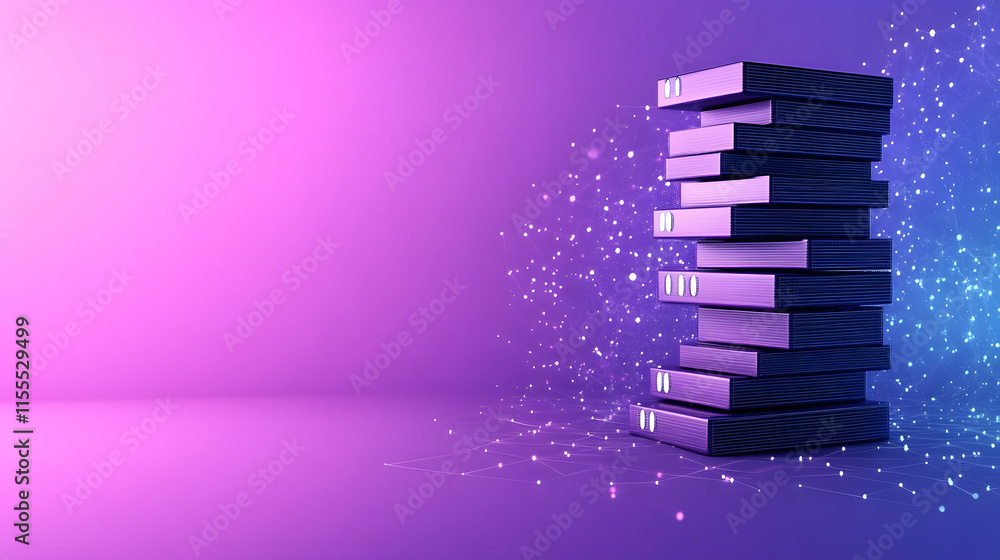 Aufkleber Stack of purple books with a vibrant gradient background and sparkling effects