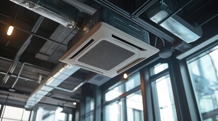An industrial-style commercial space with a built-in air conditioning unit in the exposed ceiling grid.