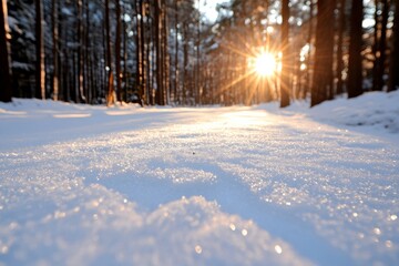 Obraz premium A captivating scene of the sun illuminating snowy pines at dusk, casting elongated shadows across the sparkling snow, creating a peaceful winter atmosphere.