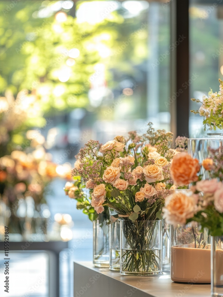 Poster stylish storefront display featuring colorful flowers in elegant glass vases during a sunny afternoo