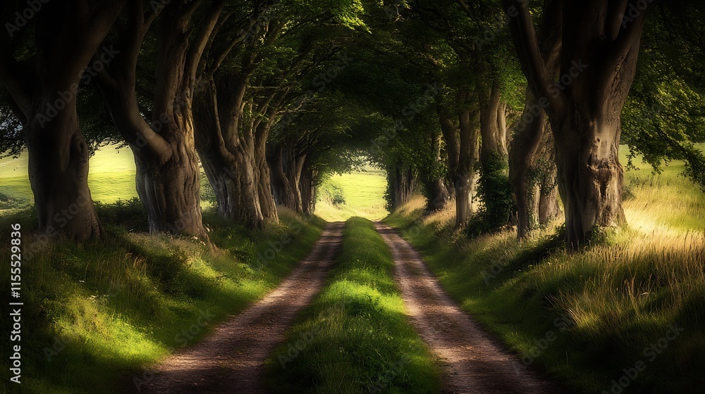 Poster majestic treelined pathway creating a magical nature tunnel vibe : generative ai