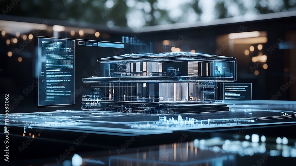 Poster a futuristic architectural model displayed with digital interface elements.