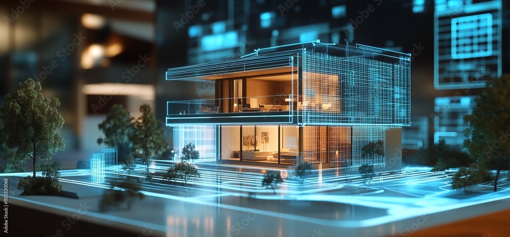 Aufkleber a futuristic architectural model illuminated with digital elements.