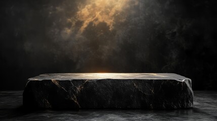 Shiny black stone podium reflecting vivid light in a modern, dark space