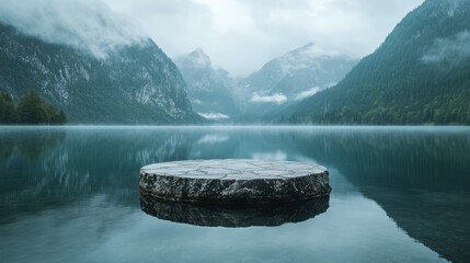 Smooth stone podium on a glassy lake, reflecting surrounding mountains 
