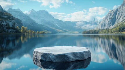 Smooth stone podium on a glassy lake, reflecting surrounding mountains 
