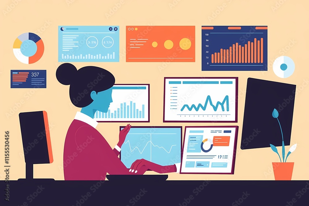 Poster data analyst at work: a stylized illustration of a focused female data analyst reviewing key perform