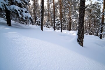Fototapeta premium A captivating winter forest blanketed in soft layers of snow, creating a soothing and enchanting atmosphere, inviting tranquility and reflection in nature's beauty.