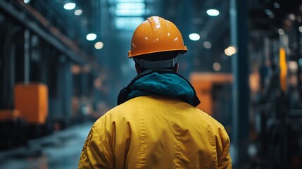 Worker in Safety Gear Observing Industrial Environment with Yellow Hard Hat in Modern Facility, Focus on Occupational Safety and Industrial Operations